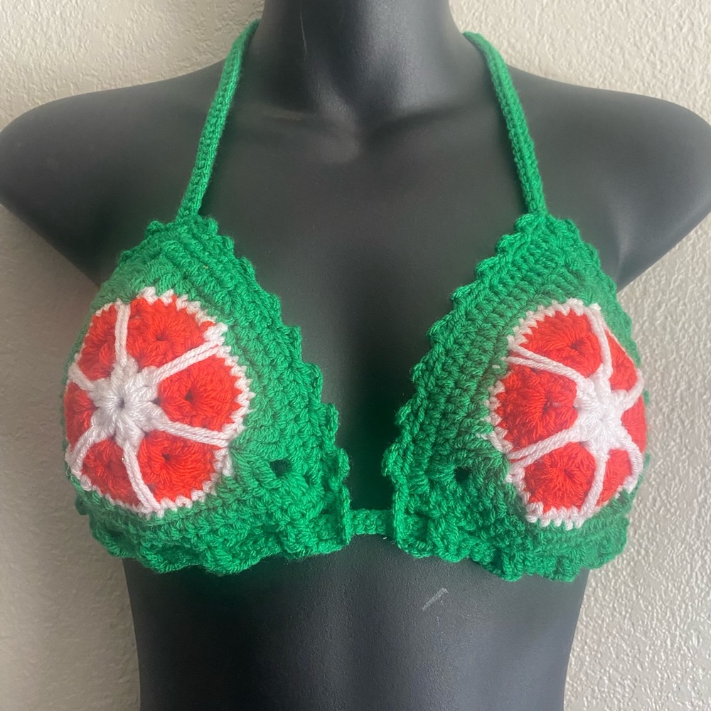 Green Crochet Halter Top with Red and White Design